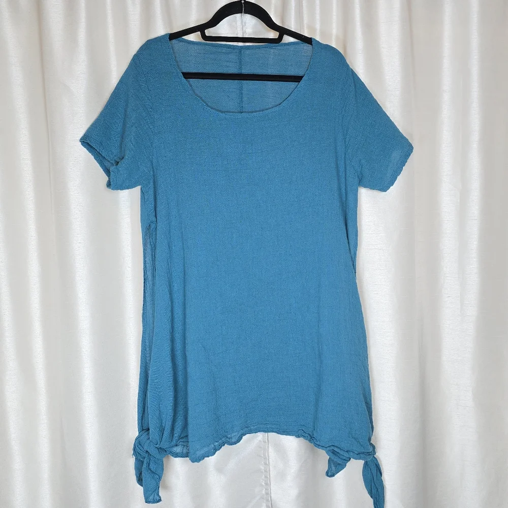 MEO MELI Made In Italy 100% Linen Tunic Top Blue Short Sleeve Lrg/XL Cottagecore - Picture 15 of 15